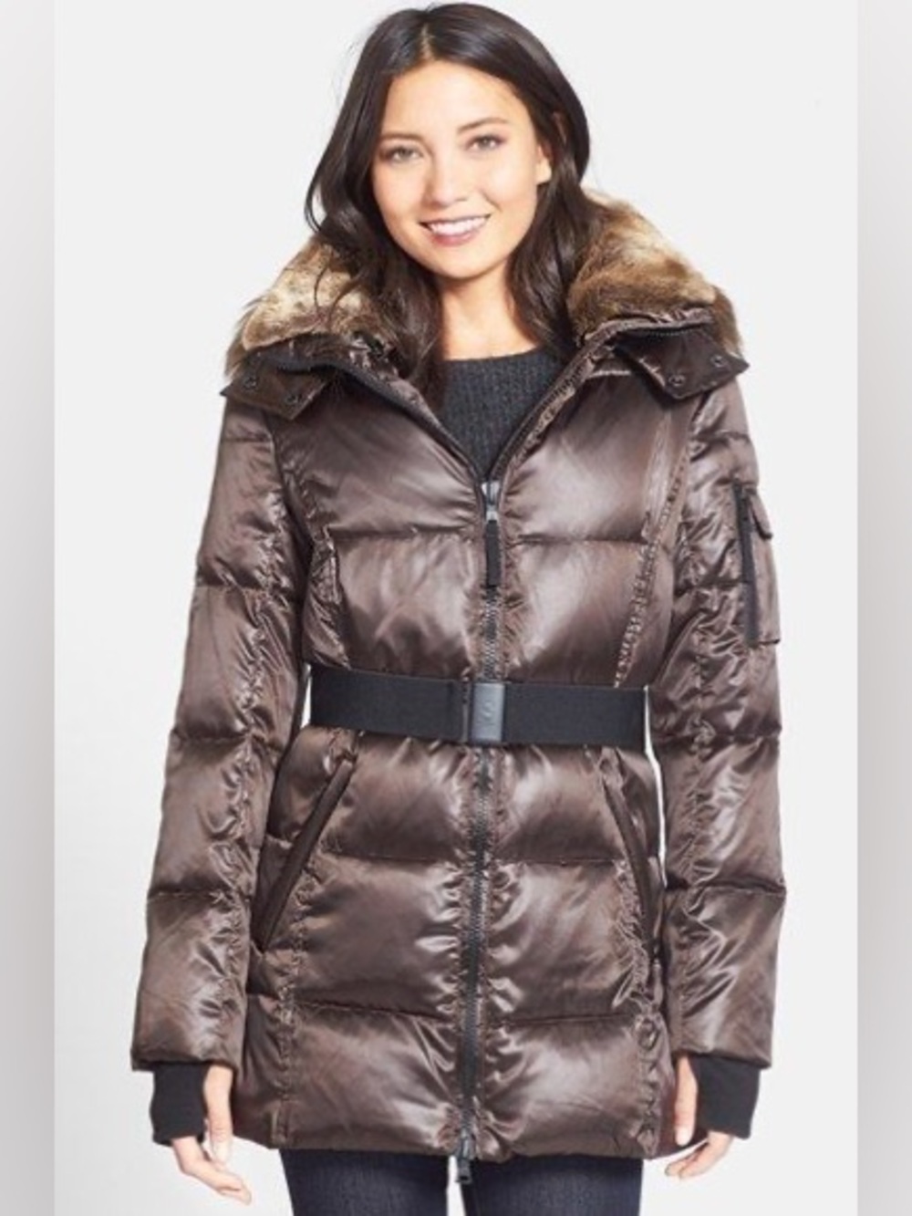 S13/NYC Brown Faux Fur Hooded Belted Down Puffer Coat Small